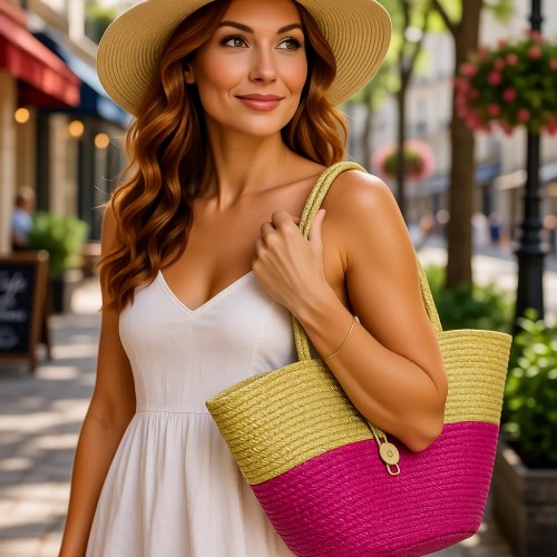 Straw Tote: Woven Wheat Straw Tote - 2 Tones - Fuchsia - BG-R11053FU